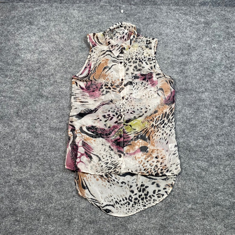 Tramp Womens Medium Animal Print Sleeveless Button Down High Low Sheer Top